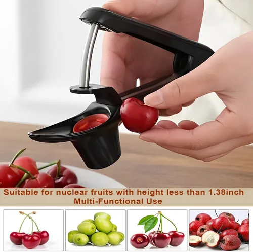Vista 2 de Cherry Pitter, herramienta de acero inoxidable resistente para descorazonadores de aceitunas y cerezas con diseño de bloqueo que ahorra espacio