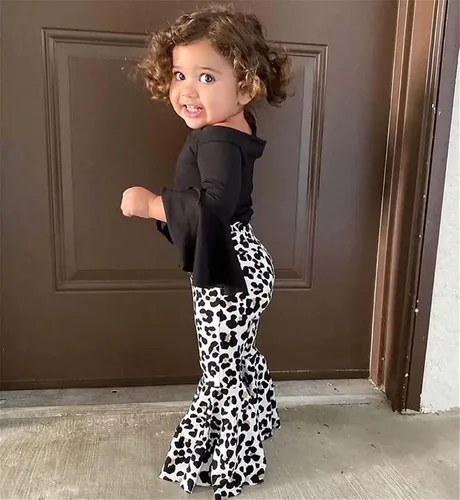 Vista 2 de SHAGMTLI Toddler Baby Girl Bell-Bottom Pants Leggings Outfit Suit Little Girls Flared-Sleeve Top + Leopard Printed Trousers