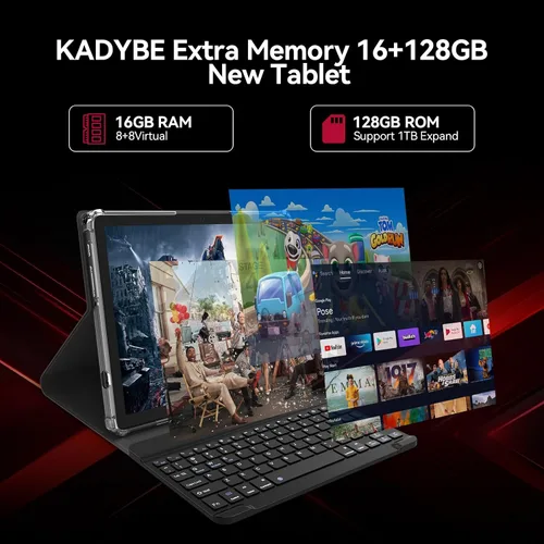 Vista 10 de KADYBE Tableta Android 15 de 11 pulgadas, las tabletas más recientes de 2025 con 16GB RAM 128GB ROM 1TB expandible, tableta con teclado, batería