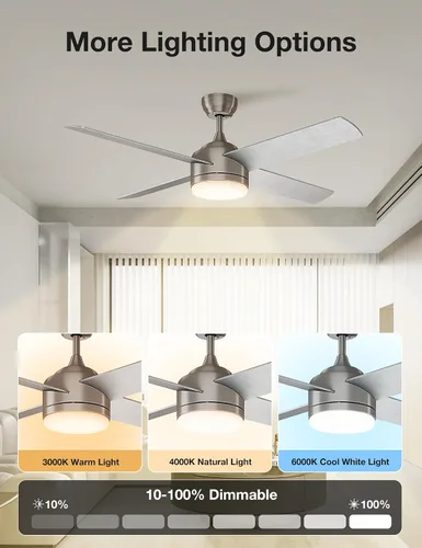 Vista 4 de warmiplanet Ventilador de techo con luz LED y control remoto, motor cepillado, 52 pulgadas (4 cuchillas)