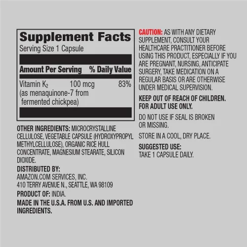 Vista 3 de Amazon Elements Vitamina K2 (100 mcg, 65 cápsulas) y vitamina D3 (5000 UI, 180 cápsulas blandas)