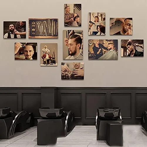 Vista 6 de 11 piezas de arte de pared retro barbería herramientas exquisitas figuras pintura lienzo arte peluquero decoración de pared marco de fotos pintura