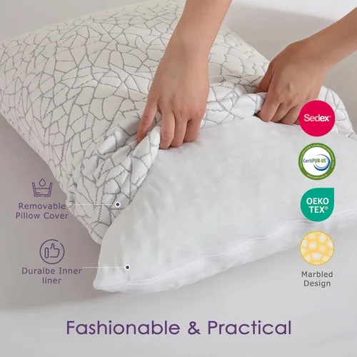 Vista 6 de Juego de 2 almohadas refrescantes de espuma viscoelástica triturada, tamaño Queen, funda extraíble de rayón de bambú + espuma de gel extra, 100%