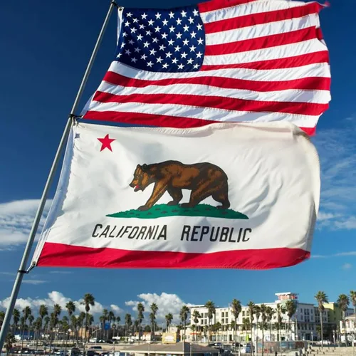 Vista 6 de Bandera de California 3x5 pies para exterior, de doble cara, resistente, tela de poliéster 210D, con oso y estrella bordados y 4 hileras de costura