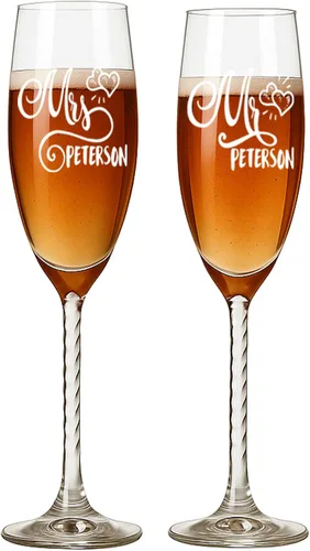 Vista 15 de Mr and Mrs - Juego de copas de champán con caja de madera grabada, elegantes copas de brindis de boda, regalo para novia y novio, compromiso