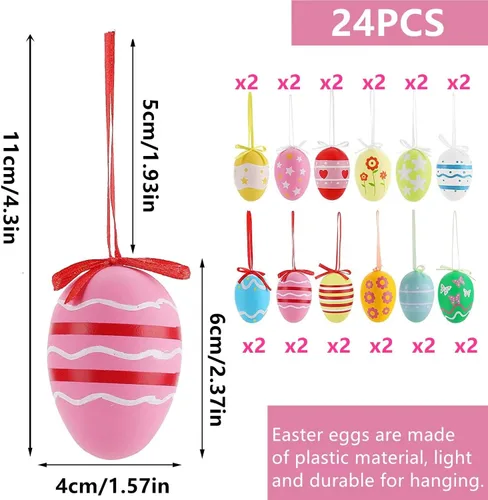 Vista 2 de 24 huevos de Pascua colgantes, regalos de Pascua, regalos de fiesta, rellenos brillantes de cesta de Pascua para decoración de árbol de Pascua
