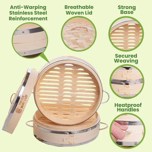 Vista 3 de Dumpling - Vaporera de Bambú de 10 Pulgadas, Canasta de Madera de 2 Niveles con Mango, Adaptador de Anillo, Forro de Silicona Reutilizable, Kit