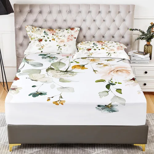 Vista 16 de YIYEA Sábana bajera ajustable floral con funda de almohada, sábana bajera de microfibra de doble cepillado de alta calidad, bolsillo profundo de 16