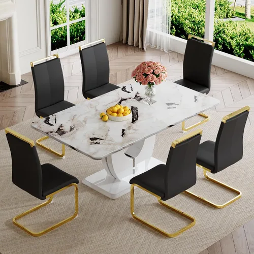 Vista 86 de JUFU Juego de mesa de comedor moderno para 4, juego de mesa de cocina rectangular de 63 pulgadas con mesa de mármol sintético y 4 sillas tapizadas