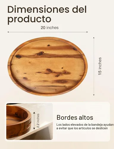 Vista 2 de TIDITA Bandeja otomana de madera de acacia con asas, redonda de 20 x 15 pulgadas, bandejas ovaladas grandes para sala de estar, bandejas de madera