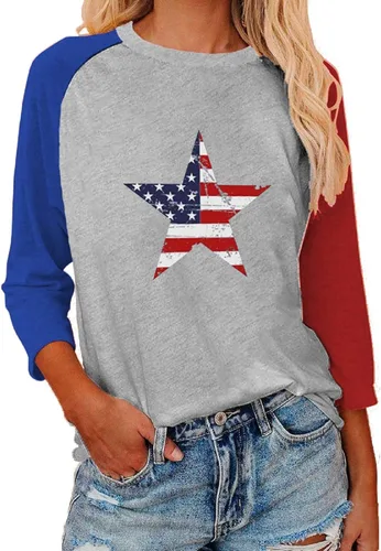 Vista 11 de Camisas de manga 3/4 para mujer, camisetas de verano con cuello redondo, camisetas básicas sueltas de mezcla de algodón para mujer