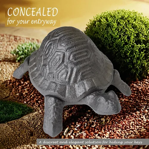 Vista 2 de Ocultador de llaves de tortuga de hierro fundido, soporte oculto para llaves, estatua decorativa de jardín, lugar secreto para llaves de repuesto
