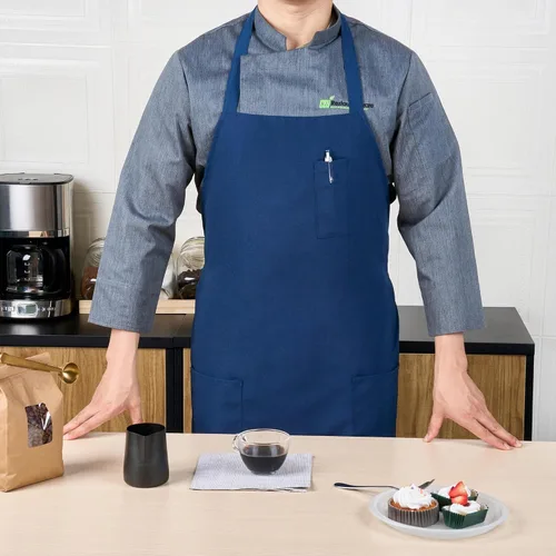 Vista 3 de Restaurantware - Delantales con peto RW, 100 delantales con 3 bolsillos, longitud media, lavable a máquina, delantales unisex de poliéster negro