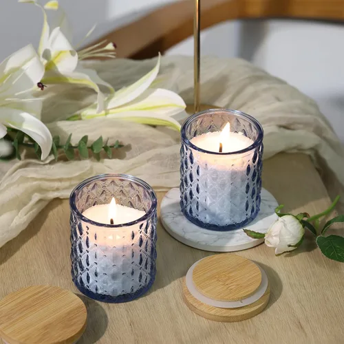 Vista 2 de NITIME 15 tarros de velas azules de 7.5 onzas para hacer velas, vasos de vela de vidrio con tapas de bambú y etiquetas adhesivas, recipientes