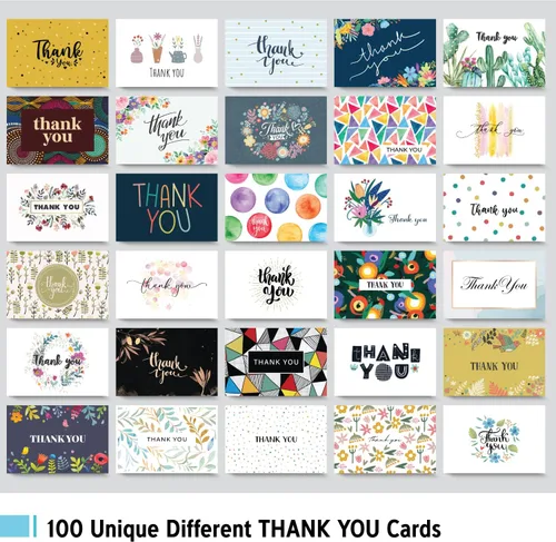 Vista 4 de 100 tarjetas de agradecimiento únicas a granel con sobres, tarjetas de notas en blanco de 4 x 6 con 100 diseños coloridos diferentes, sin