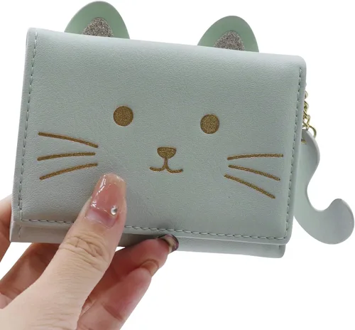 Vista 4 de Eilova Orityle Bonita cartera de gato para niñas y adolescentes, niños y mujeres, delgada de tres pliegues, tarjetero organizador con colgante