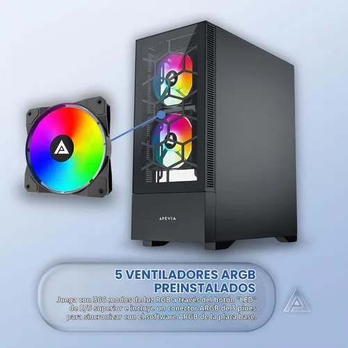 Vista 3 de Apevia Eclipse-BK Eclipse Carcasa de PC de Torre Media para Juegos con 5 Ventiladores ARGB de 120mm, 366 Modos de Luz RGB, Diseño Minimalista