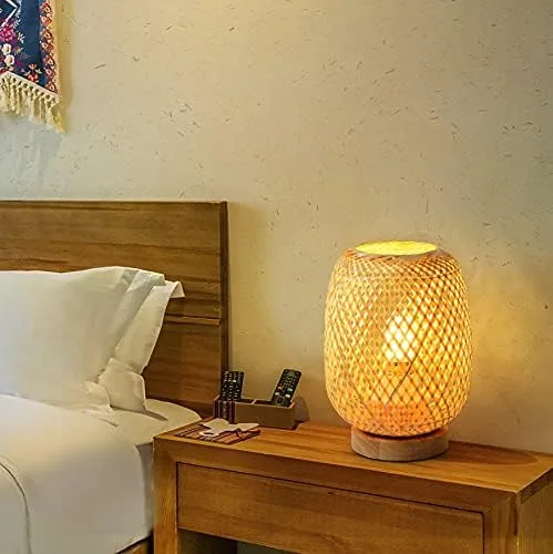 Vista 6 de Lámpara de mesa de escritorio de bambú con base de madera y exquisita pantalla de lámpara, ideal para combinar con cualquier decoración moderna