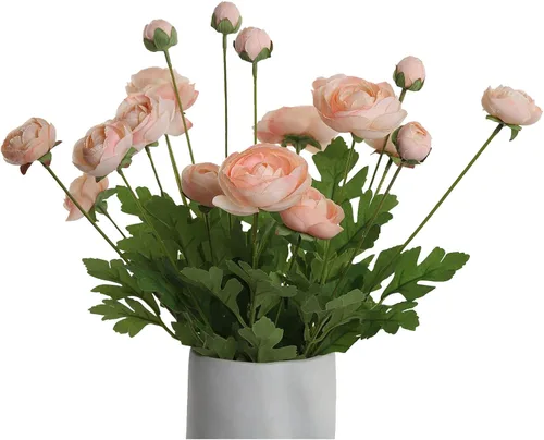 Vista 11 de Flores artificiales de seda, ranúnculo, flores falsas, 5 unidades, adecuadas para decoración de núcleos, creación floral de boda, arreglo floral Azul