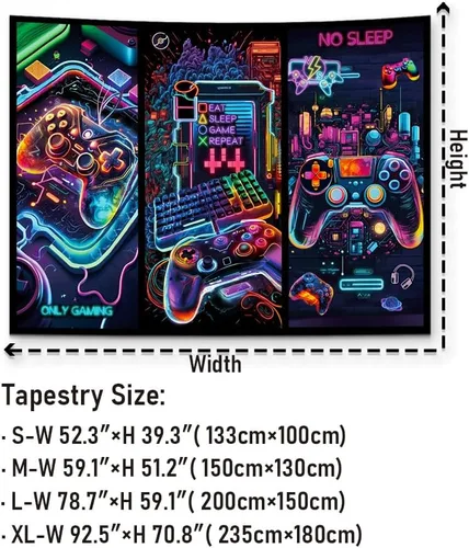 Vista 6 de Galoker Tapiz de luz negra para juegos, tapiz de controlador de juego de neón genial, tapiz reactivo a los rayos UV, tapices de pared para jugadores