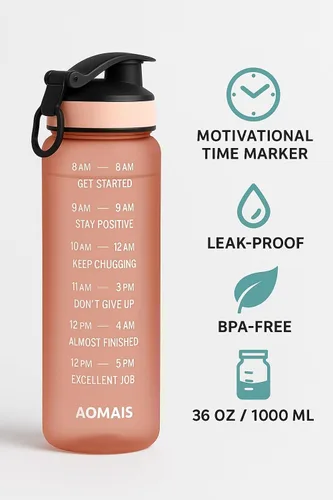 Vista 3 de Botella de agua motivacional con marcadores de tiempo, botella deportiva sin BPA de 36 onzas, capacidad de 1 litro, diseño de seguimiento de fitness