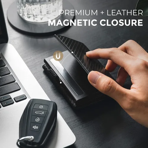 Vista 12 de VULKIT Cartera con tarjetero para hombre, con cierre magnético, bloqueo RFID, billetera de cuero triple, marino, Moderno