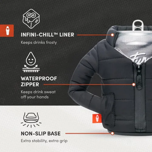 Vista 4 de Puffin - The Puffy Jacket - Enfriador de latas aislado de 12 oz I Botella de cerveza y soda aislante, mantiene las bebidas y bebidas frías - Negro