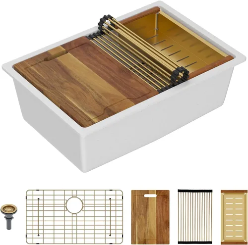 Vista 15 de Lordear Fregadero de Bar Empotrado de Granito Compuesto de 18 Pulgadas 18"x18" Fregaderos de Cocina de Cuarzo Compuesto Negro de Un Solo Tazón Bajo