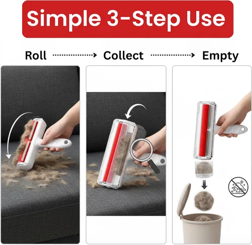 Vista 7 de Rodillo removedor de pelo de mascotas para perros y gatos – Herramienta reutilizable para quitar pelos y pelusas, rodillo portátil para muebles