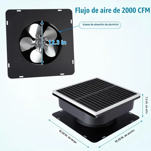 Vista 2 de Ventilador solar para ático de 30 W, sin controlador, ventilación automática de hasta 2800 pies cuadrados, ventilación solar de techo con ventilador