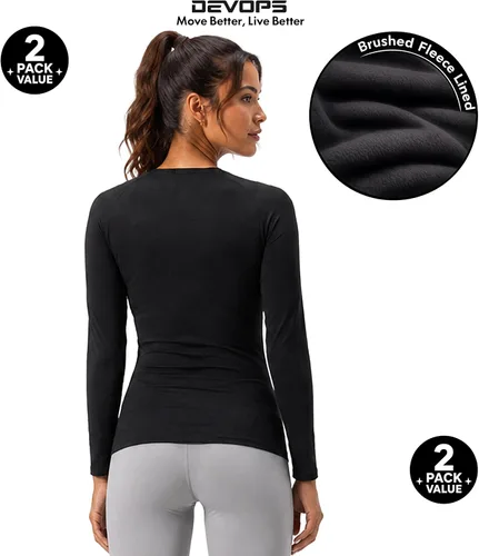 Vista 4 de DEVOPS - Paquete de 2 camisas térmicas de manga larga para mujer, capa base de compresión negro / negro