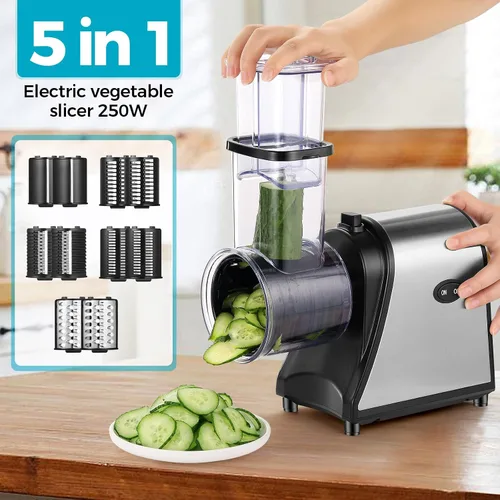 Vista 2 de Rallador eléctrico de queso, rebanador de verduras 5 en 1 y máquina de ensalada con cuchillas de acero inoxidable, rallador eléctrico de queso de un