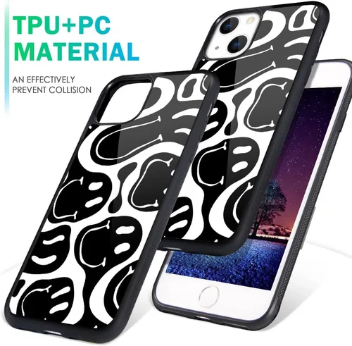 Vista 6 de Funda compatible con iPhone 13 para niños y mujeres, diseño divertido de cara, parte trasera dura con negro, divertido y lindo patrón de arte