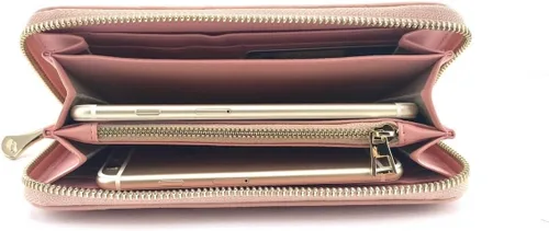 Vista 3 de Cartera RFID de piel de becerro con cremallera en relieve para mujer, rosa con logo, Cartera larga