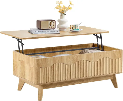 Vista 10 de BERRYMERRY Mesa de centro elevable con almacenamiento oculto, mesa de centro acanalada de granja con perfil ondulado, mesa central rectangular