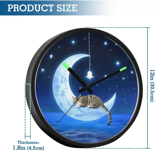 Vista 3 de Round Wall Clock Cat Wind Chimes 12 Inch Non-Ticking Silent Modern Decor Clock for Home Office