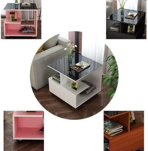 Vista 5 de Mesa auxiliar cuadrada de 3 niveles con estantes de almacenamiento, mesa auxiliar moderna para el hogar, sala de estar, dormitorio