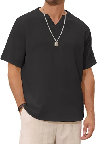 Vista 6 de Angbater Camiseta casual de lino Henley de manga corta para hombre, camiseta hippie de playa, camiseta ligera tropical para verano