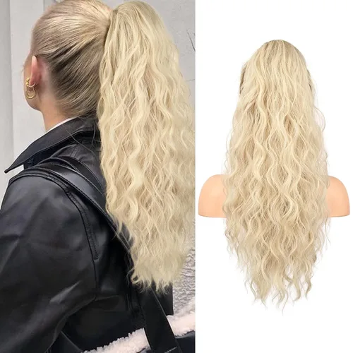 Vista 16 de FLUFYMOOZ Extensión de cola de caballo de 22 pulgadas, extensiones de cabello sintético ondulado largo y rizado para mujer