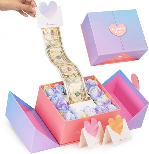 Vista 9 de Caja de dinero para regalo en efectivo - Caja de regalo de flores de lujo con tirador de dinero y tapa con flor y lazo, caja de regalo única