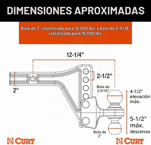 Vista 2 de CURT 45935 Soporte de bola de enganche de remolque ajustable con doble bola, vástago de 2 pulgadas, hasta 15,000 libras