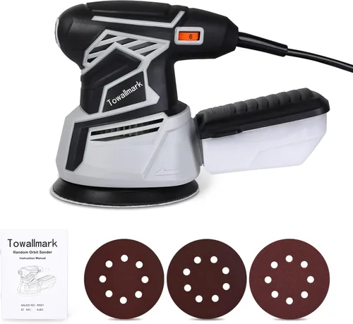 Vista 8 de Towallmark - Lijadora orbital, lijadora orbital aleatoria de 350 W 2.6 A con 6 velocidades variables, 13000 RPM, 12 papeles de lija, sistema