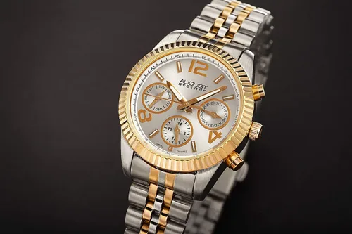 Vista 7 de August Steiner AS8103 - Reloj multifunción para mujer, 3 subesferas día, fecha y GMT - Bisel con bordes de monedas en pulsera de acero inoxidable