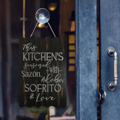Vista 5 de Letrero de madera con texto en inglés «This Kitchen is Seasoned with Sazon Adobo Sofrito & Love» La Cocina española puertorriqueña para decoración