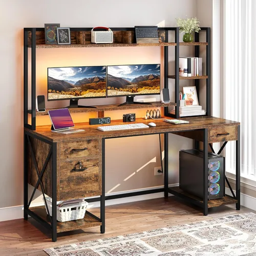 Vista 10 de DWVO Escritorio para computadora con cajones y gabinete, escritorio de oficina de 59.1 pulgadas con tomas de corriente y luces LED, escritorio