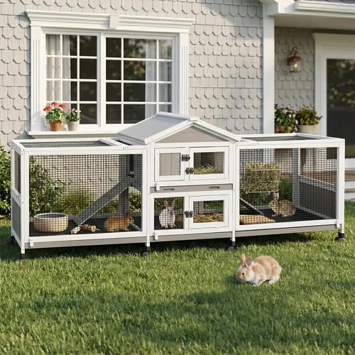 Vista 9 de PetsCosset - Jaula para conejos de 57" de largo, para interior y exterior, de 2 pisos, jaula grande para conejos con área descubierta, jaula