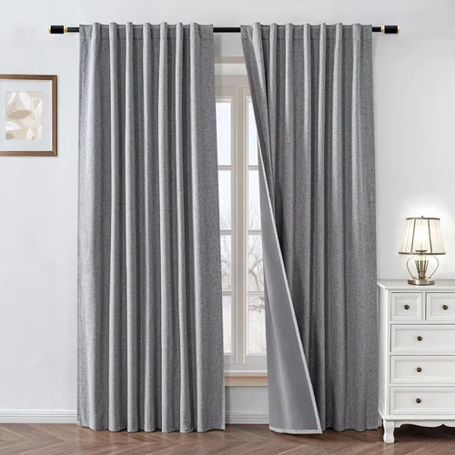 Vista 9 de Cortinas 100% opacas de lino sintético, 90 pulgadas de largo, 2 paneles para dormitorio o sala de estar, térmicas y atenuantes, con lengüetas
