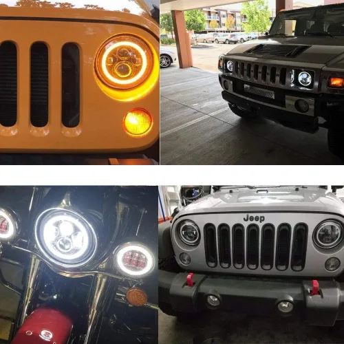 Vista 7 de Par 7 pulgadas LED faros con blanco halo anillo ángel ojos+ámbar señal de giro halo para Jeep Wrangler JK TJ CJ Hummer H1 H2 Miata