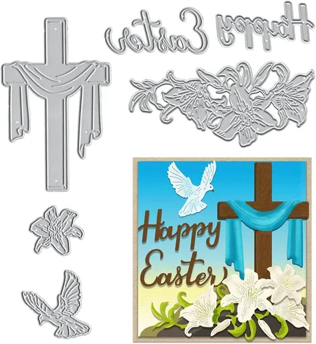 Vista 6 de Troqueles de corte de metal con diseño de flores de Pascua, palabras de Pascua, animales troquelados para hacer tarjetas, herramienta de plantilla