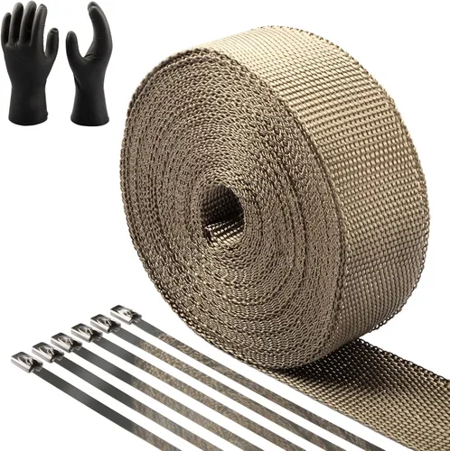 Vista 9 de CARDI Envoltura Térmica de Escape Negra de 2" x 16' de Fibra de Vidrio para Motocicleta con 8 Amarres de Acero Inoxidable Negros y Guantes